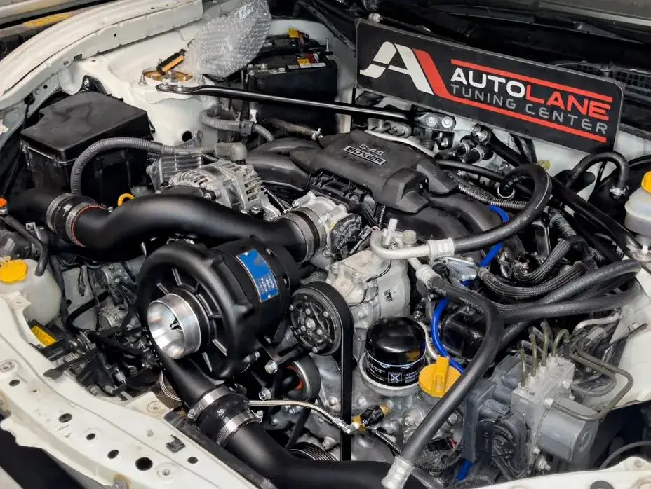 Vortech supercharger installed in the engine bay