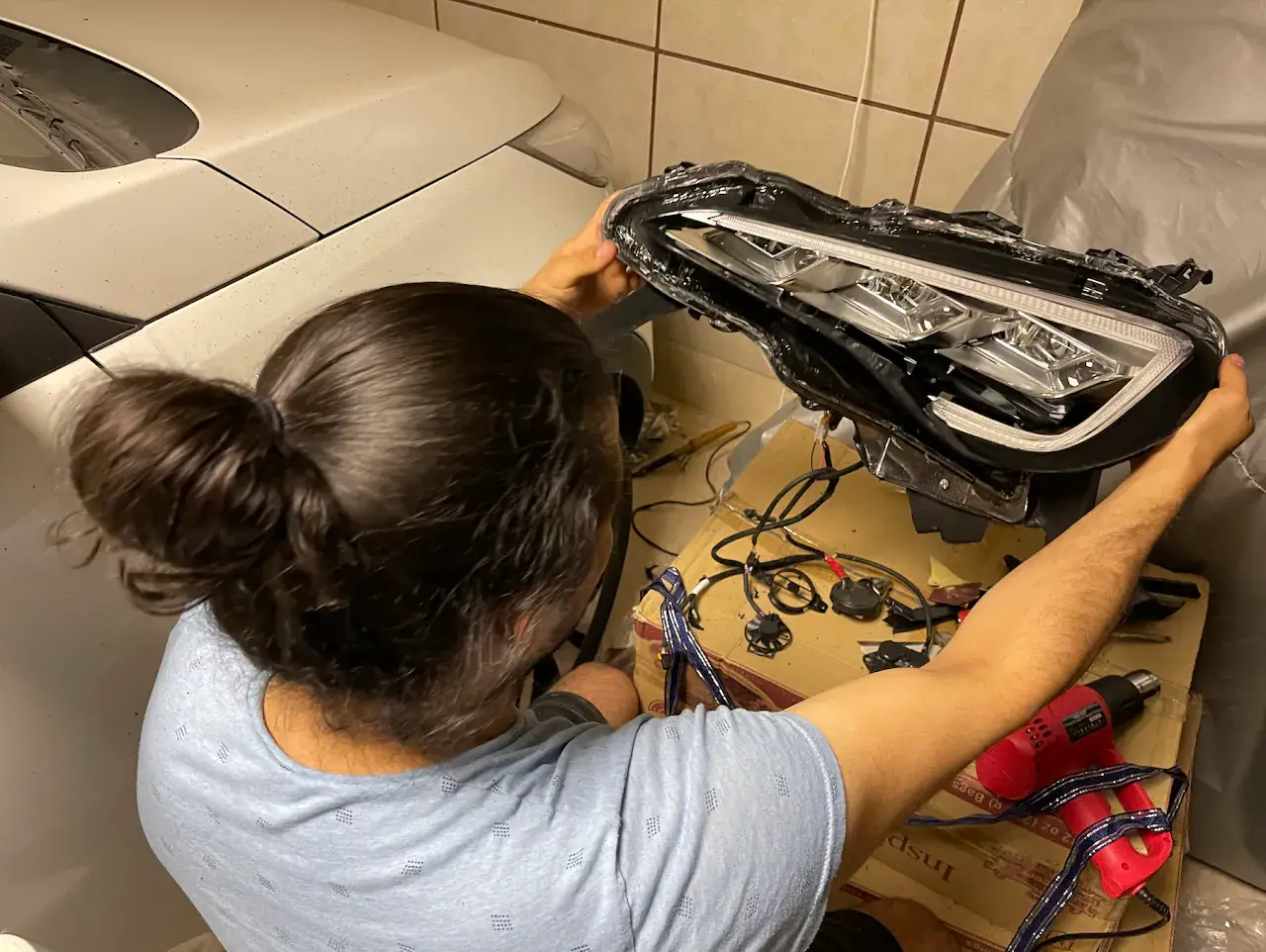 Building the headlights on the workbench